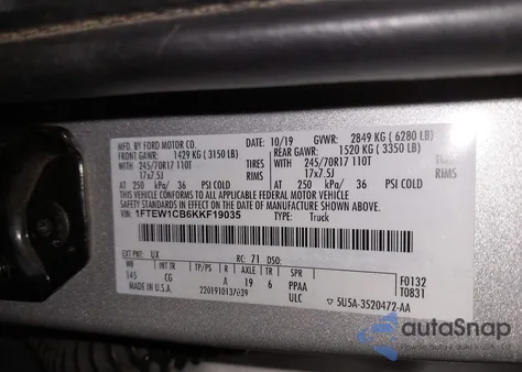 2019 Ford F-150 Xl из США, поврежденный, VIN 1FTEW1CB6KKF19035